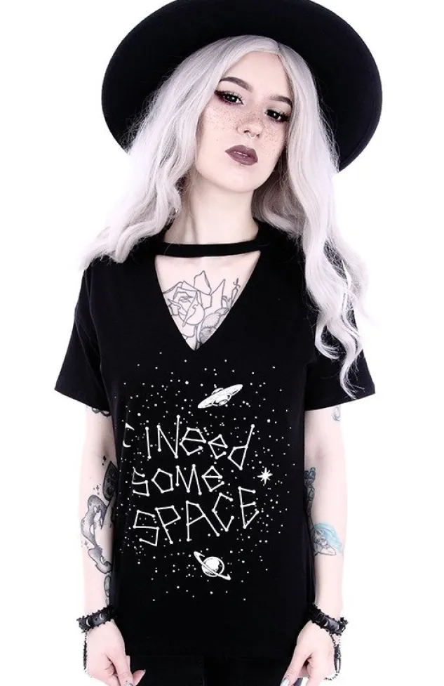 Restyle Gothic blouse with star constellation V-neck with choker "I NEED SOME SPACE"