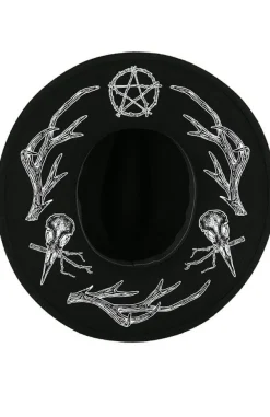 Restyle Pagan Hat with wide brim, wool, Antlers and pentacle
