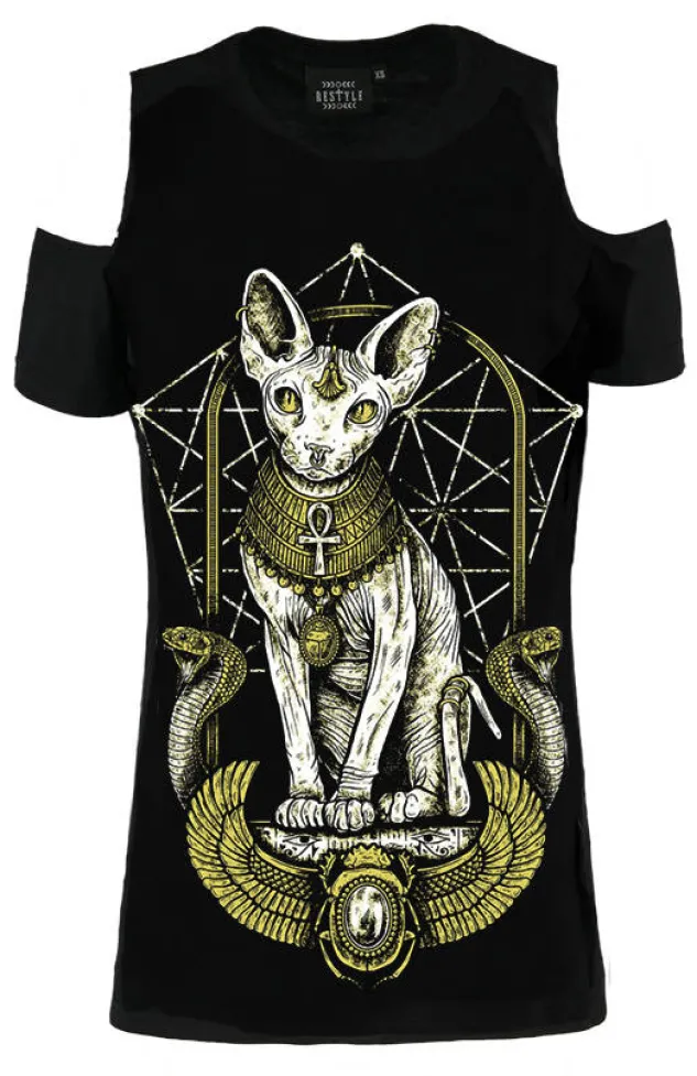 Restyle Sphinx Cat Cold Shoulder Tshirt