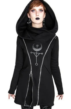 Restyle TWIN MOON HOODIE black gothic double zipped jacket with print