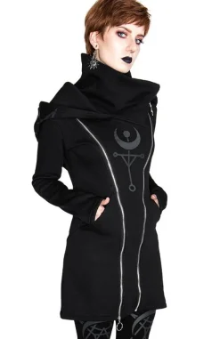 Restyle TWIN MOON HOODIE black gothic double zipped jacket with print