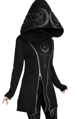 Restyle TWIN MOON HOODIE black gothic double zipped jacket with print