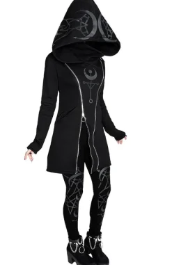 Restyle TWIN MOON HOODIE black gothic double zipped jacket with print