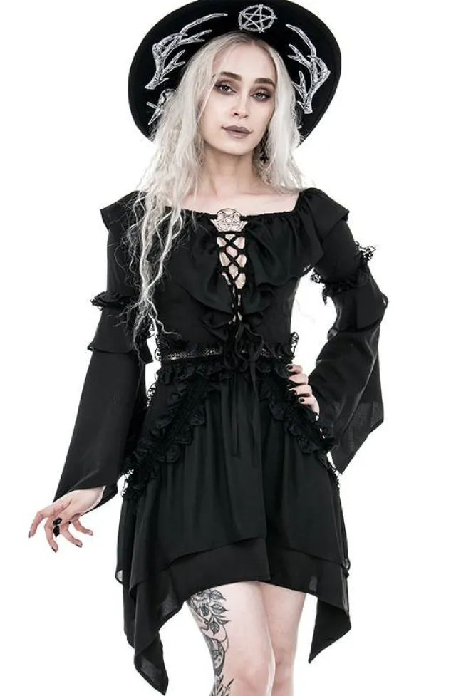 Restyle Witchy Bardot Dress with ruffles and pentagram