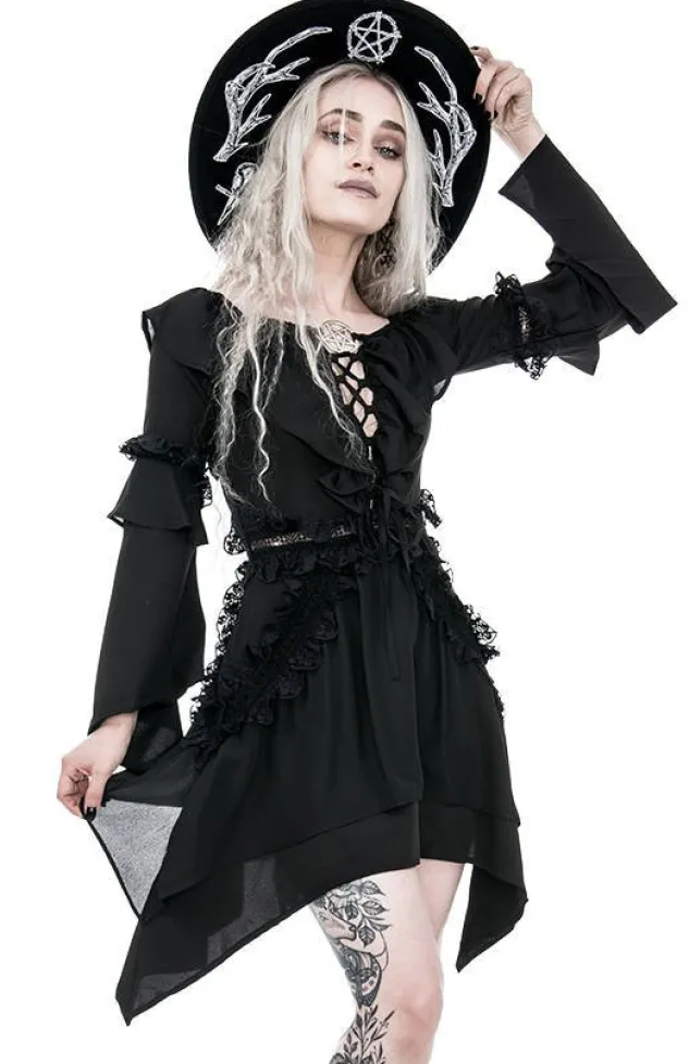 Restyle Witchy Bardot Dress with ruffles and pentagram