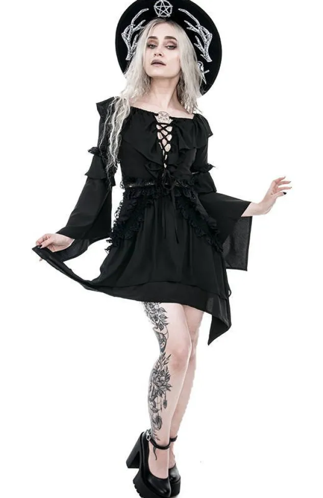 Restyle Witchy Bardot Dress with ruffles and pentagram
